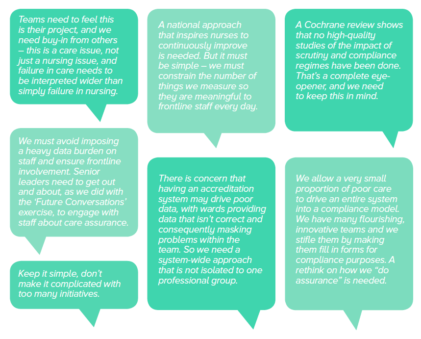Messages from spokespersons for each group that were asked to discuss the idea of a national approach to assuring nursing and midwifery care