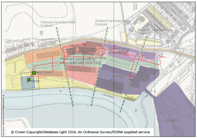 Figure 8.1: Final network design overlain on proposed Guardbridge Energy Centre development plan (the former paper mill site). Figure 8.1: Final network design overlain on proposed Guardbridge Energy Centre development plan (the former paper mill site).