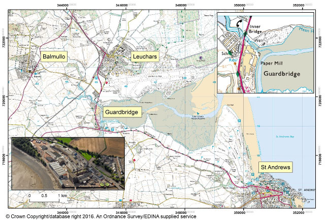 Fig. 1.1: Location of Guardbridge site in relation to surrounding communities. Inset map (top right) shows Guardbridge site in more detail. View in aerial photo (bottom left) is towards the southwest. Fig. 1.1: Location of Guardbridge site in relation to surrounding communities. Inset map (top right) shows Guardbridge site in more detail. View in aerial photo (bottom left) is towards the southwest.