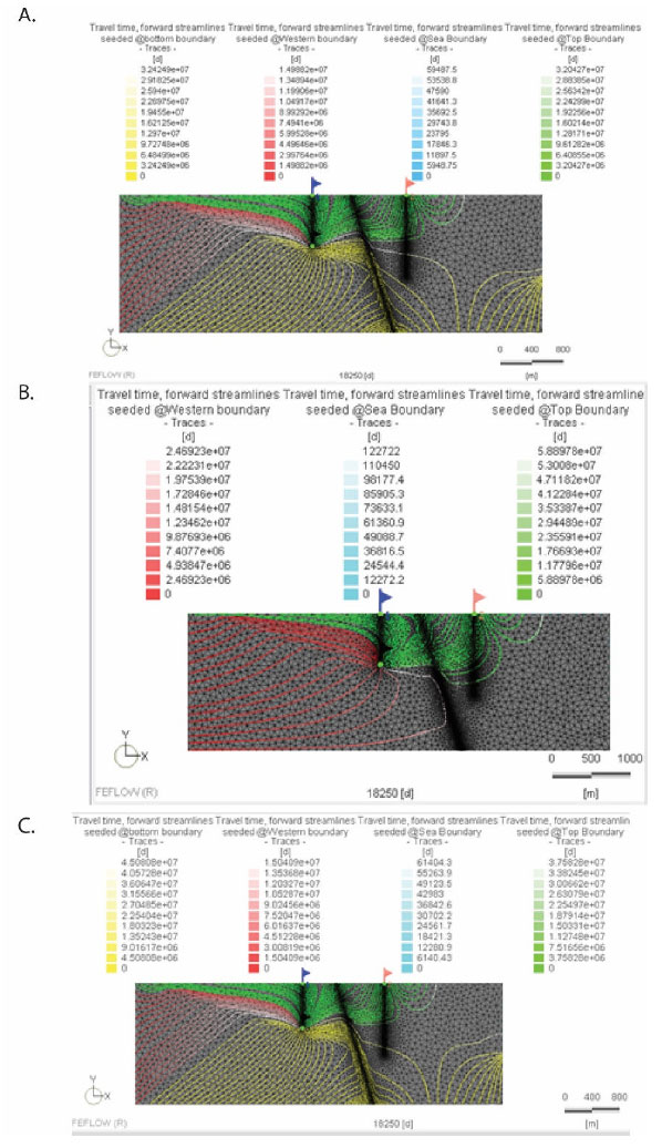 Fig 3.14: Simulations of fault behaviour. A. Run 13.5 with a 50 m wide fault zone and K = 0.8 m/d. B. Run 13.6 with a 100 m wide fault and K = 0.08 m/d. C: Run 13.7 with a 100 m wide fault and K= 0.8 m/d. Fig 3.14: Simulations of fault behaviour. A. Run 13.5 with a 50 m wide fault zone and K = 0.8 m/d. B. Run 13.6 with a 100 m wide fault and K = 0.08 m/d. C: Run 13.7 with a 100 m wide fault and K= 0.8 m/d.