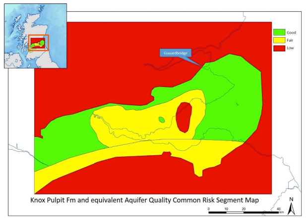 Fig. 3.16: Combined permeability and depositional environment map of the Knox Pulpit Fm. Green segments represent favourable characteristics due to shallow depths of burial. Red areas represent non-deposition or erosion, unfavourable facies, or poor permeability due to depth of burial. Fig. 3.16: Combined permeability and depositional environment map of the Knox Pulpit Fm. Green segments represent favourable characteristics due to shallow depths of burial. Red areas represent non-deposition or erosion, unfavourable facies, or poor permeability due to depth of burial.