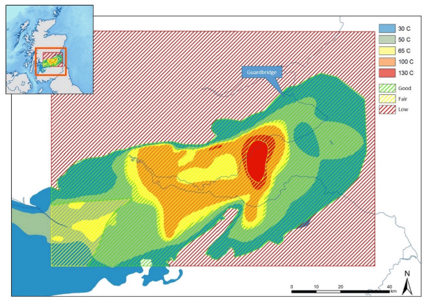 Fig. 3.17: Combined map of estimated aquifer quality (see Fig. 3.5) and predicted temperature. Fig. 3.17: Combined map of estimated aquifer quality (see Fig. 3.5) and predicted temperature.