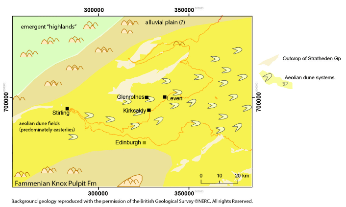 Fig. 3.18: Gross Depositional Environment (GDE) map for the Knox Pulpit Formation showing an estimate of the regional extent of the aeolian (and fluvial) deposit. Fig. 3.18: Gross Depositional Environment (GDE) map for the Knox Pulpit Formation showing an estimate of the regional extent of the aeolian (and fluvial) deposit.