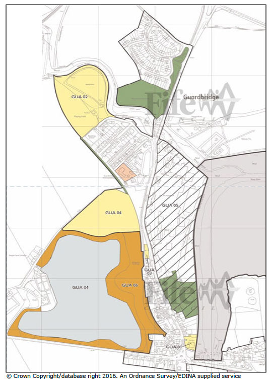 Fig. 5.1: Areas of future development in Guardbridge. Fig. 5.1: Areas of future development in Guardbridge.