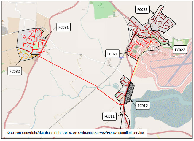 Fig. 6.1: Preliminary and phased network designs for Guardbridge Energy Centre (FC012), Guardbridge village (FC011), Leuchars (FC021, 22, 23) and Balmullo (FC031, 32). Fig. 6.1: Preliminary and phased network designs for Guardbridge Energy Centre (FC012), Guardbridge village (FC011), Leuchars (FC021, 22, 23) and Balmullo (FC031, 32).