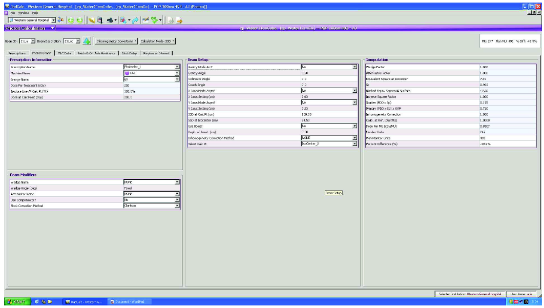 Figure 6 RadCalc showing the first Photon Beams