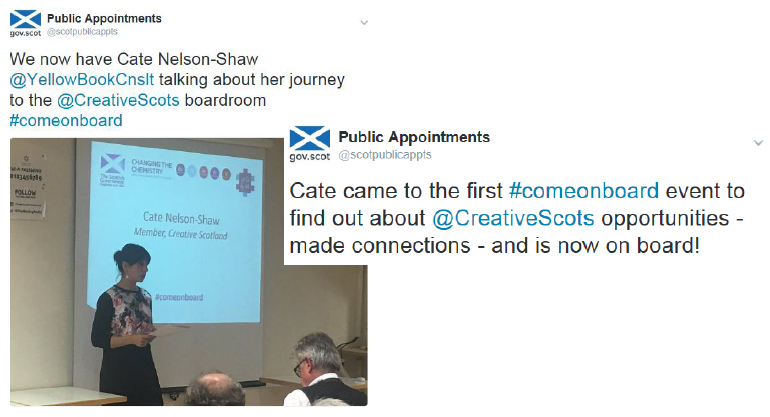 twitter - We now have Cate Nelson-Shaw @YellowBookCnslt talking about her journey to the @CreativeScots boardroom #comeonboard - Cate came to the first #comeonboard event to find out about @CreativeScots opportunities made connections - and is now on board! twitter - We now have Cate Nelson-Shaw @YellowBookCnslt talking about her journey to the @CreativeScots boardroom #comeonboard - Cate came to the first #comeonboard event to find out about @CreativeScots opportunities made connections - and is now on board!