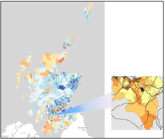 Figure 2: National Scottish Index of Multiple Deprivation (SIMD) datazones for reporting by local authorities and the local environmental deprivation indicator approach (SLIMD) developed by South Lanarkshire Council. Figure 2: National Scottish Index of Multiple Deprivation (SIMD) datazones for reporting by local authorities and the local environmental deprivation indicator approach (SLIMD) developed by South Lanarkshire Council.