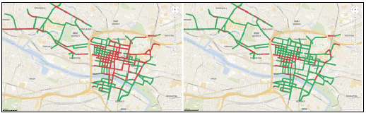 Figure 7: Comparison of the changes to modelled NO2 for different traffic scenarios for kerbside points in Glasgow, through the online data analysis application. Figure 7: Comparison of the changes to modelled NO2 for different traffic scenarios for kerbside points in Glasgow, through the online data analysis application.