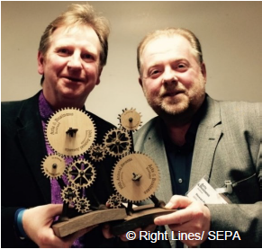 A photo of Stewart Prodger, SEPA’s Flooding Communications and Customer Service Manager, and Euan Martin, Co-Director of Right Lines Productions receiving the Innovation prize at Scotland’s Art and Business Awards in 2017. A photo of Stewart Prodger, SEPA’s Flooding Communications and Customer Service Manager, and Euan Martin, Co-Director of Right Lines Productions receiving the Innovation prize at Scotland’s Art and Business Awards in 2017.