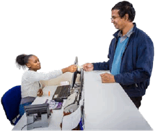 a receptionist helping a person access health care