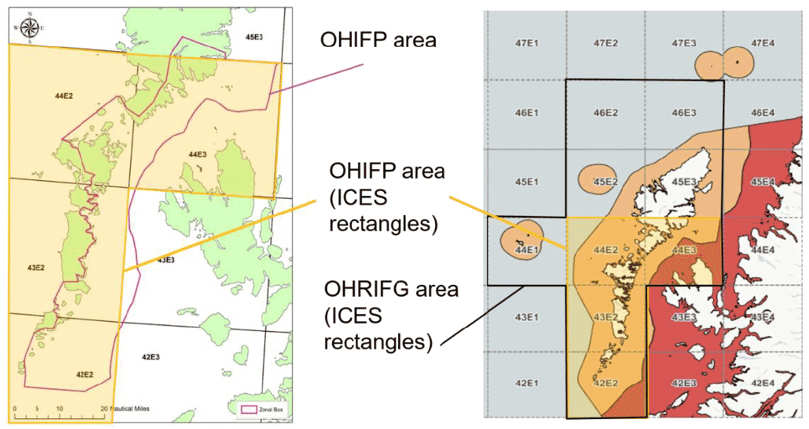Two maps showing the Outer Hebrides. The left map shows the pilot area super imposed on ICES statistical rectangles. The right map shows ICES statistical rectangles super imposed on the OHRIFG and the West Coast RIFG area. 