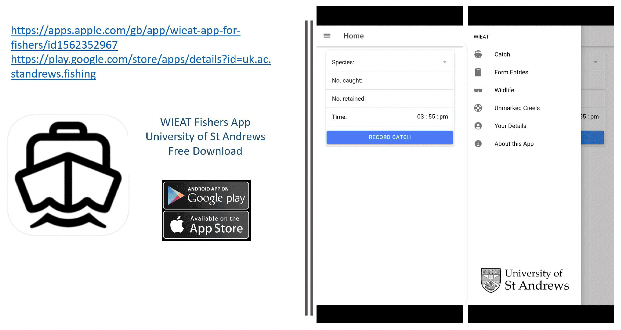 A screenshot of the catching app logo, as shown on the AppStore or GooglePlay and a screenshot of the catching app homepage.