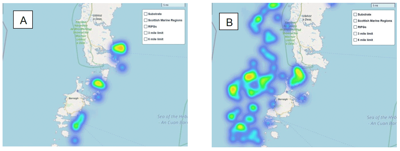 Two heat maps of fishing activity around the Outer Hebrides by vessels fitted with a tracking device between March and July 2021.  In general the maps suggest that in July a large amount of fishing activity moves to the west of the Hebrides, out with the Pilot area. 