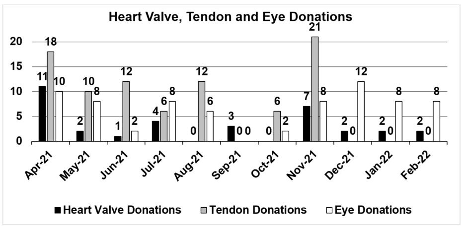 This image shows the number of Heart Valve, Tendon and Eye Donation rates between April 2021 and February 2022. April 2021 shows 11 Heart Valve Donations, with 18 Tendon Donations and 10 Eye Donations. May 2021 shows 2 Heart Valve Donations, with 10 Tendon Donations and 8 Eye Donations. June 2021 shows 1 Heart Valve Donations, with 12 Tendon Donations and 2 Eye Donations. July 2021 shows 4 Heart Valve Donations, with 6 Tendon Donations and 8 Eye Donations.
August 2021 shows 0 Heart Valve Donations, with 12 Tendon Donations and 6 Eye Donations. September 2021 shows 3 Heart Valve Donations, with 0 Tendon Donations and 0 Eye Donations. October 2021 shows 0 Heart Valve Donations, with 6 Tendon Donations and 2 Eye Donations. November 2021 shows 7 Heart Valve Donations, with 21 Tendon Donations and 8 Eye Donations. December 2021 shows 2 Heart Valve Donations, with 0 Tendon Donations and 12 Eye Donations. January 2022 shows 2 Heart Valve Donations, with 0 Tendon Donations and 8 Eye Donations. February 2022 shows 2 Heart Valve Donations, with 0 Tendon Donations and 8 Eye Donations.
