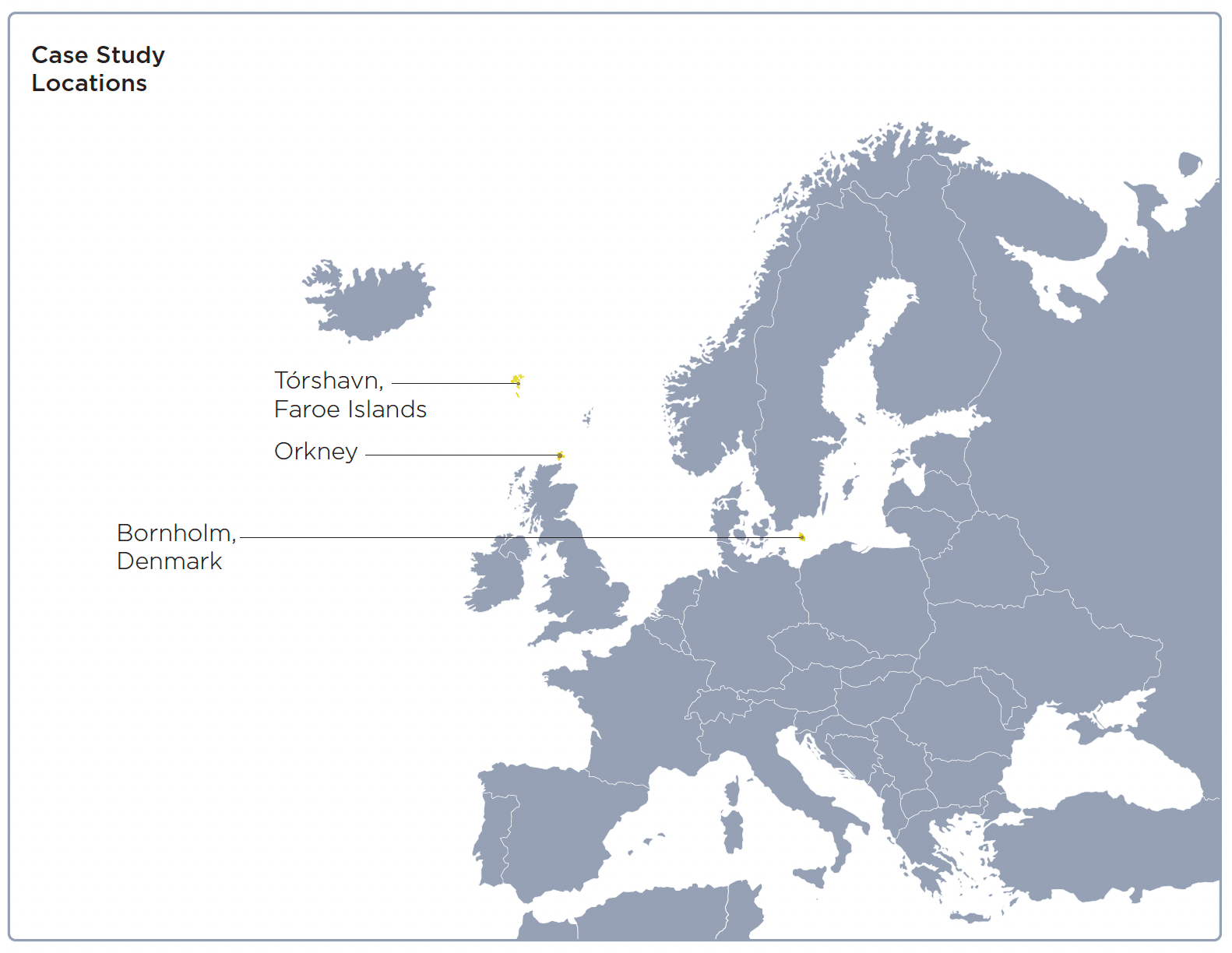 Map showing the locations of case studies highlighted in the mapping exercise. Orkney, Tórshavn - Faroe Islands,  Bornholm - Denmark