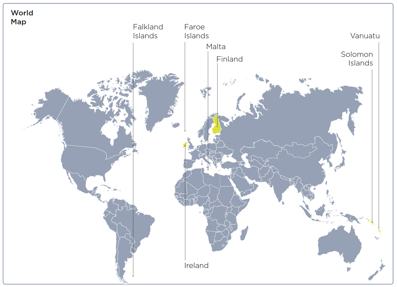 Map showing the locations engaged with as part of the Carbon Neutral Islands Project. Faroe Islands, the Falkland Islands, Ireland, Malta, Finland, Vanuatu and the Solomon Islands.