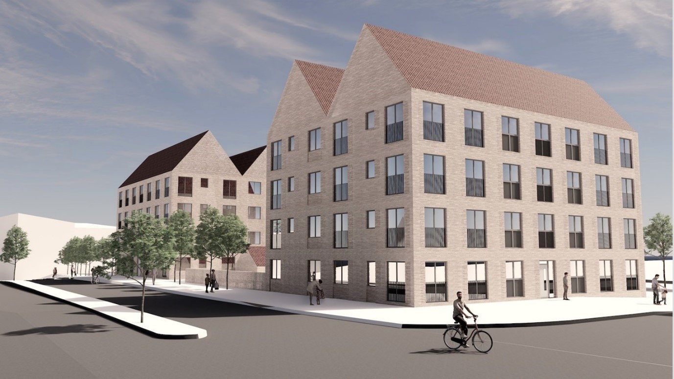 A 3D image simulation of the Lowther Homes affordable housing scheme development plan with predicted look of flatted block and surrounding landscaping. 