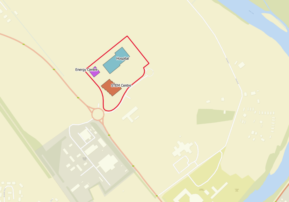 A computer generated map of the locations of the proposed energy centre in relation to hospital and STEM centre at Blar Mohr site.