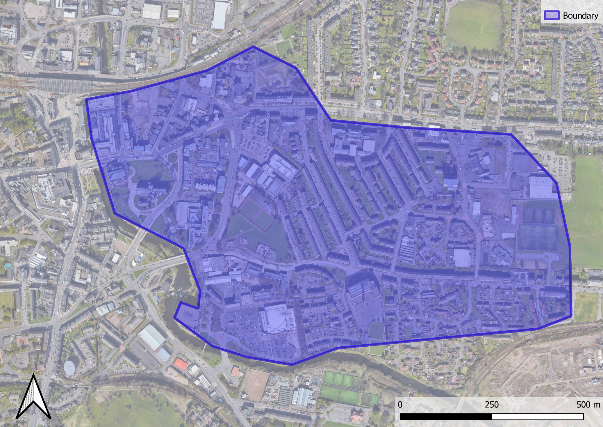 Aerial map of Paisley with suggested area to be served by the heat network highlighted by blue filled outline. 