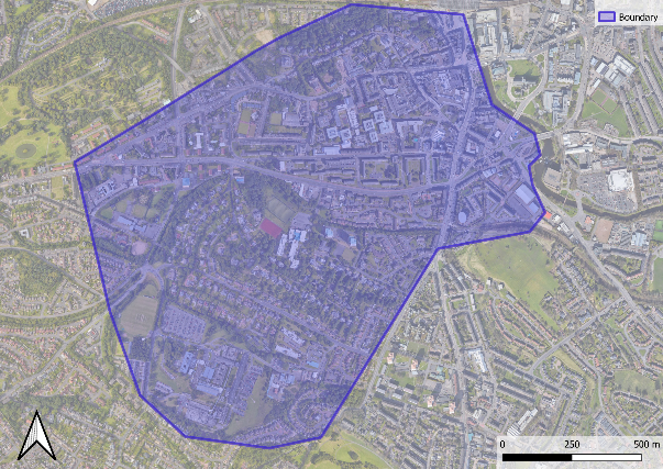 Aerial map of Paisley with area suggested to be served by a new heat network marked by a blue filled shape.