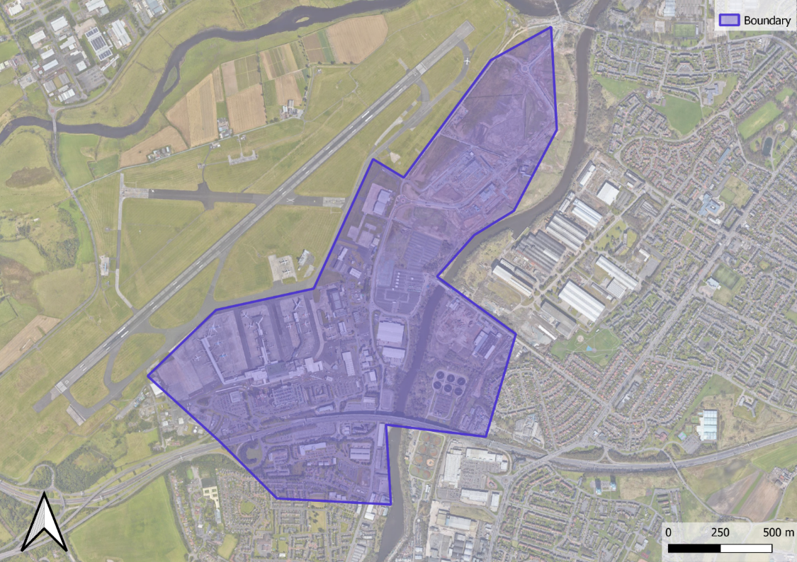 Aerail map of Paisley with area suggested to be served by a new heat network marked by a blue filled shape.