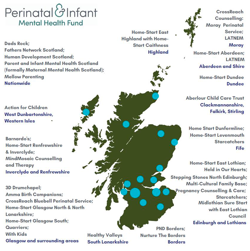 Map of Scotland showing the distribution of third sector organisations funded by the PIMH Main and Small Grants Fund