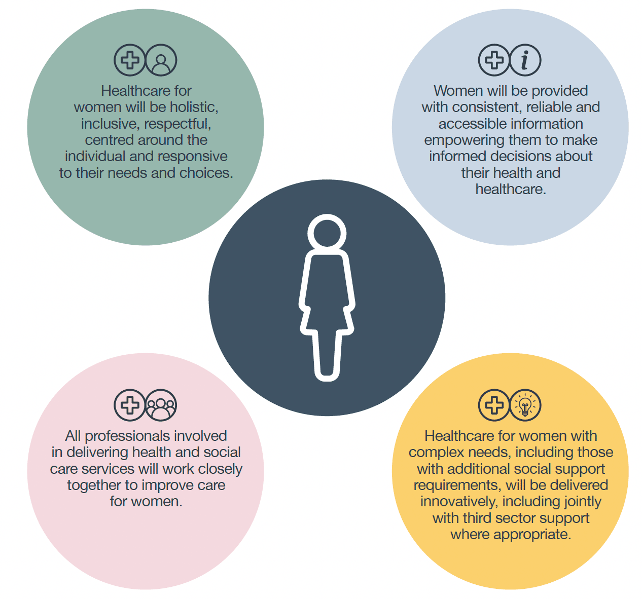 Four circles outlining the key ambitions of the Women’s Health Plan