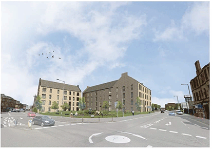 3D computer generated image of North Lanarkshire Council's social housing project planned flatted blocks.