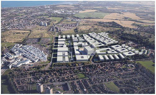 Aerial view of BioQuarter site showing existing buildings and computer generated buildings to be constructed as part of the development.