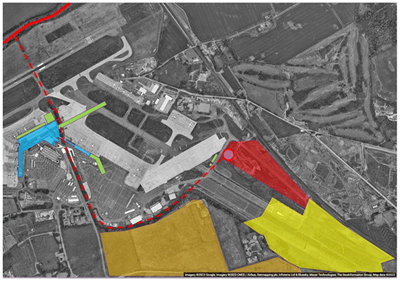 Google maps aerial view of the Edinburgh Airport site with coloured blocks to show potential heat sources (eg river) and the potential pipework routes needed to provide heat to the airport and possible Crosswinds development (also highlighted).