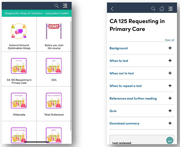 A picture showing the education toolkit resources and Layout of the education resource for CA 125 requesting in primary care and also a sample of other education toolkit available. Section within the toolkit include Background, What to Test, When not to test, References and further reading, Quiz and download summary.