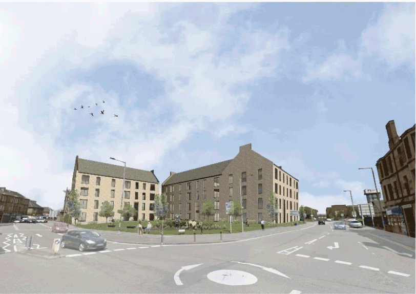 3D computer generated image of North Lanarkshire Council's social housing project planned flatted blocks.