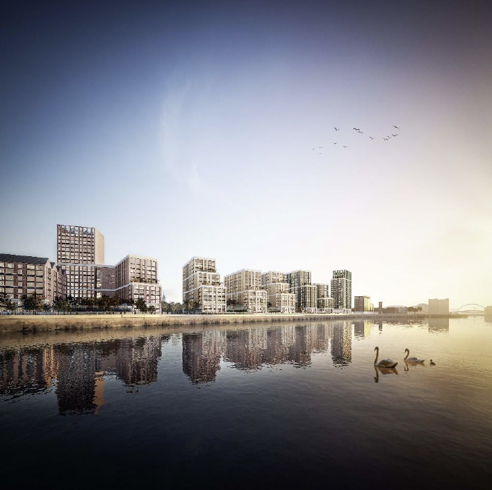 CGI generated image on Yorkhill Quay with body of water to the front of image.