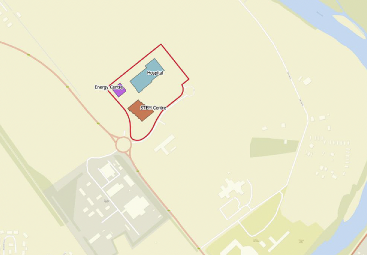 A computer generated map of the locations of the proposed energy centre in relation to hospital and STEM centre at Blar Mohr site.
