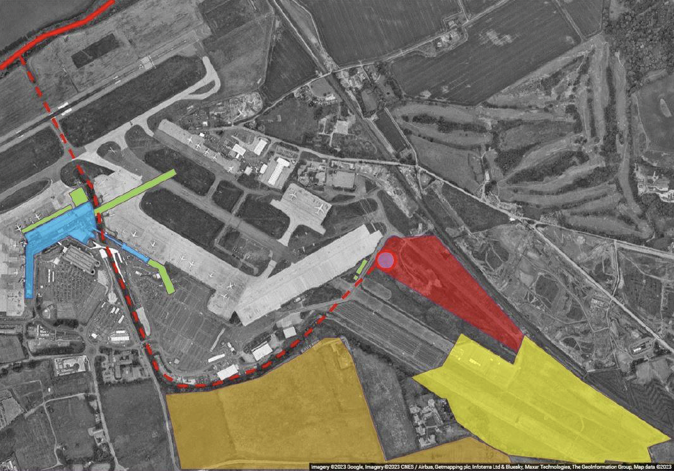Aerial view of Edinburgh Airport with different coloured shapes marking potential sources of heat for the heat network.