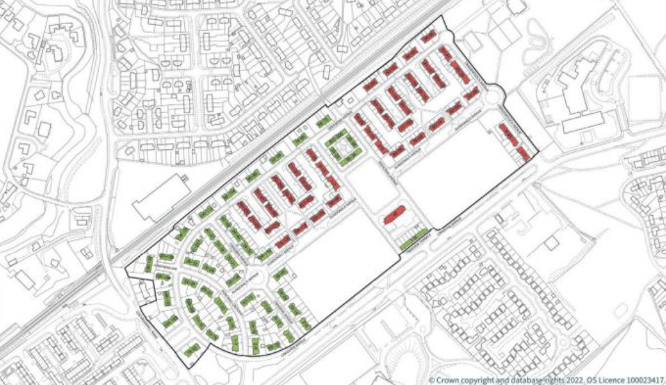 Aerial map of Howwood with properties identified to be retrofit highlighted.
