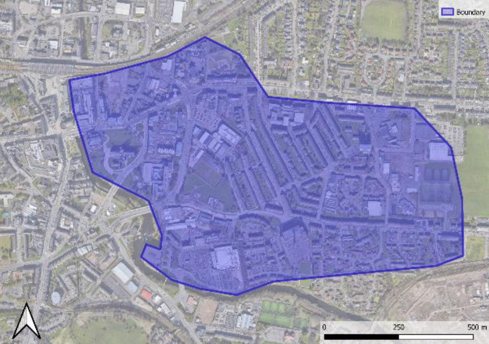 Aerial computer generated map with outline of potential scale of Paisley East heat network, including the town hall and Abbey.