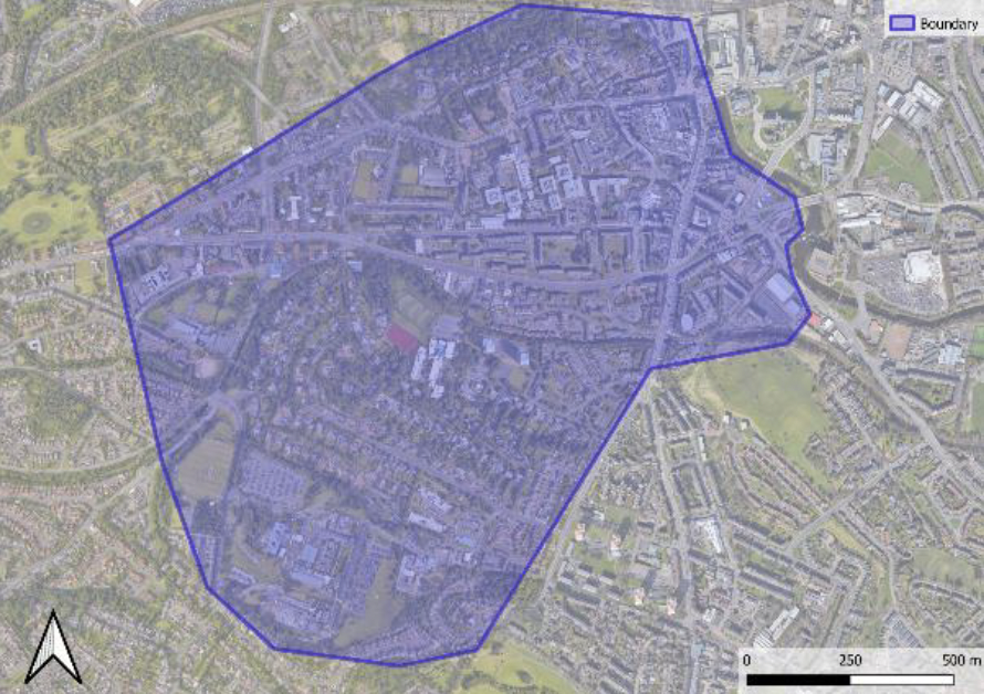 Aerial map with outline of potential scale of Paisley West heat network.