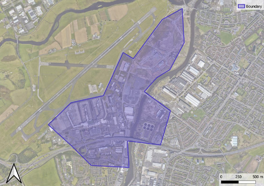 Aerial map image with outline of potential heat network scale of Paisley North.