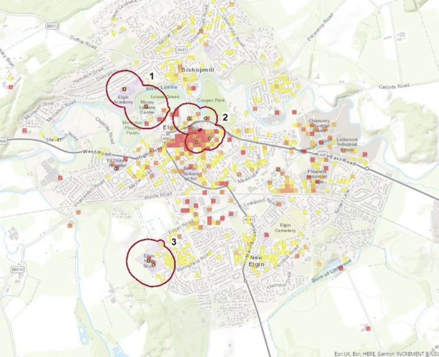 Map identifying potential heat network zones in Elgin. 