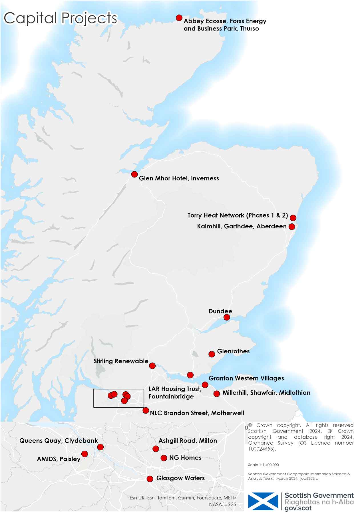 Map locating capital projects supported by the Scotland’s Heat Network Fund (SHNF). List of capital projects shown on the map are as follows:
1. Abbey Ecosse, Forss Energy and
Business Park, Thurso 
2. Glen Mhor Hotel, Inverness 
3. Torry, Inverness (Phase 1 and 2)
4. Kaimhill, Garthdee, Aberdeen
5. Granton Western Villages 
6. LAR Housing Trust, Fountainbridge
7. Millerhill, Shawfair, Midlothian 
8. Ashgill Road, Milton 
9. NG Homes 
10. Glasgow Waters 
11. AMIDS, Paisley
12. NLC Brandon Street, Motherwell 
13. Queens Quay, Clydebank 
14. Dundee  
15. Glenrothes
16. Stirling Renewable 
