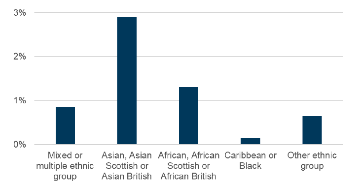 A bar graph showing the proportion of employees in the public administration, education and health sectors who are an ethnic minority.
