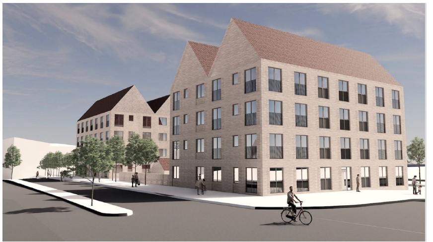 A 3D image simulation of the Lowther Homes affordable housing scheme development plan with predicted look of flatted block and surrounding landscaping. 