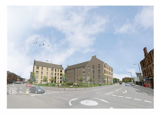 3D computer generated image of North Lanarkshire Council's social housing project planned flatted blocks.