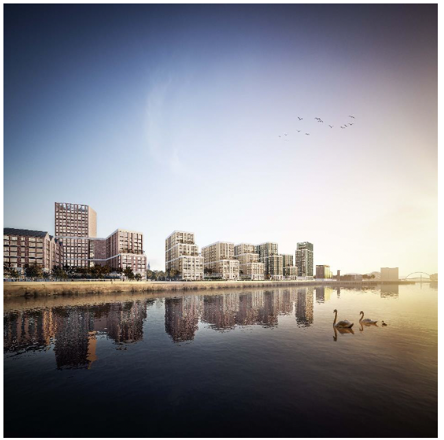 CGI image of a body of water with buildings in the background
