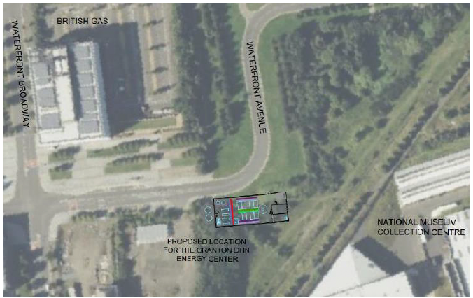 Aerial view of Granton Waterfront development area marking proposed location of the energy centre near the National Museum Collection Centre.
