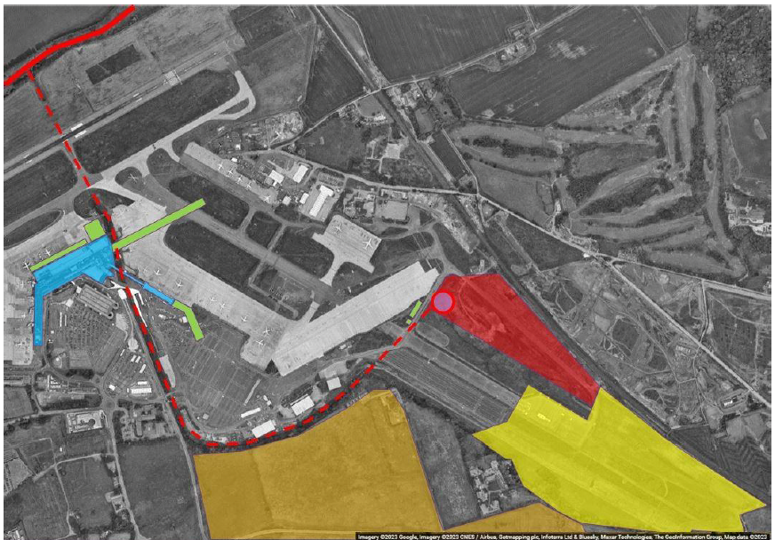 Aerial view of Edinburgh Airport with different coloured shapes marking the locations of potential sources of heat for the heat network.

