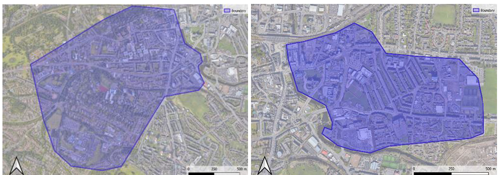 On left: A map of Paisley West. On right: A map of Paisley East