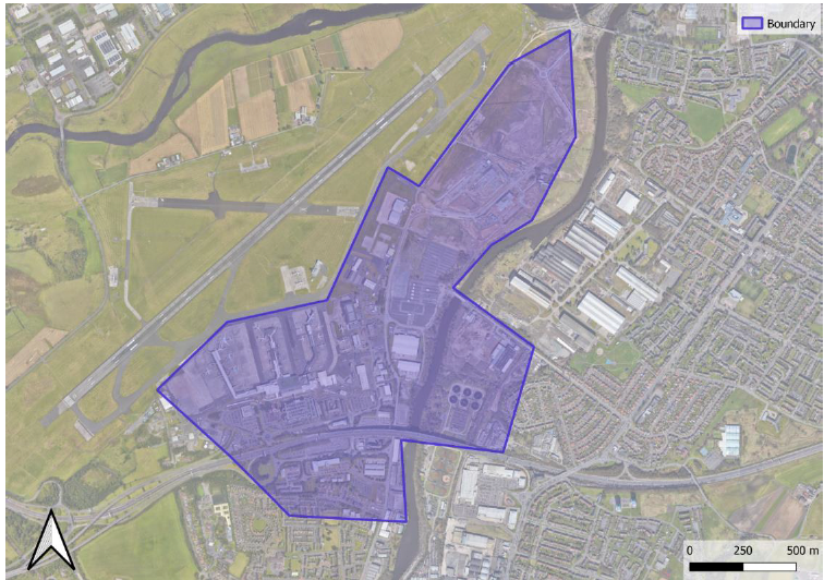 Aerial map image with outline of potential heat network scale of Paisley North.